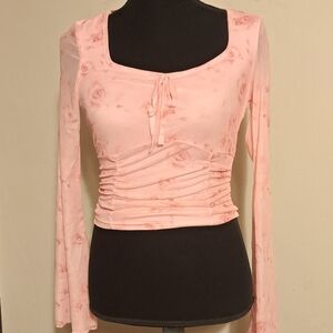 Crop Top Size SM..Unbranded..Sheer Sleeves..Ruching at Waist..Pink